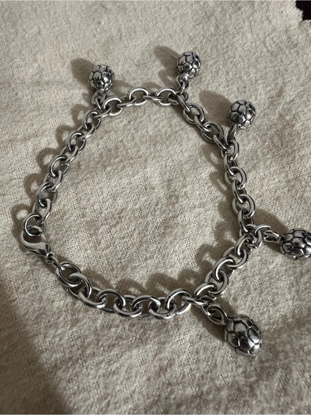 Vintage Rolo Link Stainless Steel Silver Soccer Charm Ball PendantCharm Bracelet